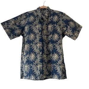 Reyn Spooner Tropical Lei Palm Leaf Blue & Cream Hawaiian Print Shirt